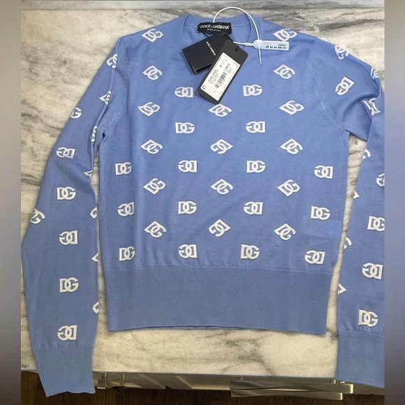 Dolce & Gabbana DG Logo Wool and silk jacquard sweater with tonal DG logo. NWT.